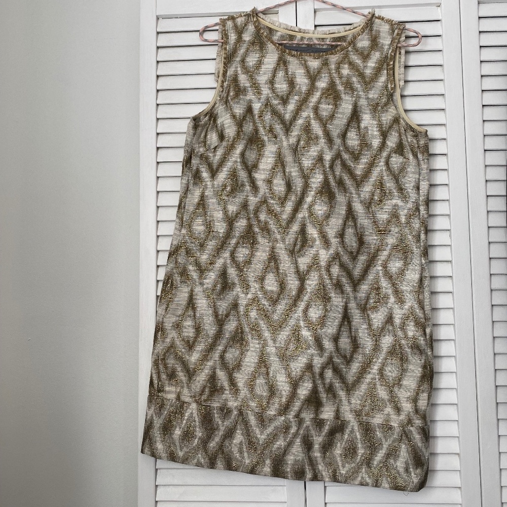 Raquel Allegra abstract print dress in gold and green threads